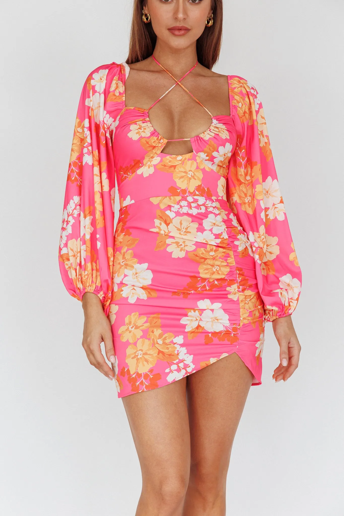 Fly Away Drawstring Bust Dress Floral Pink
