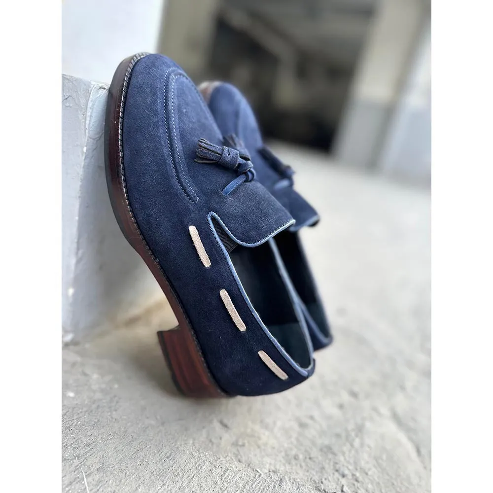 Navy Blue   Cream Suede Tassel Loafers