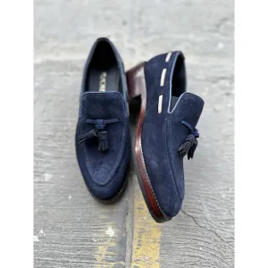Navy Blue   Cream Suede Tassel Loafers