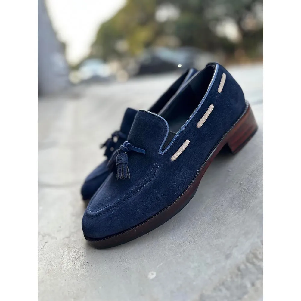 Navy Blue   Cream Suede Tassel Loafers