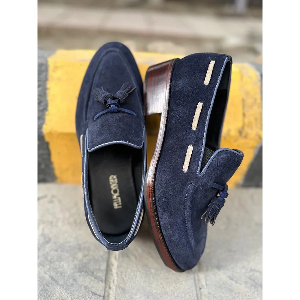 Navy Blue   Cream Suede Tassel Loafers