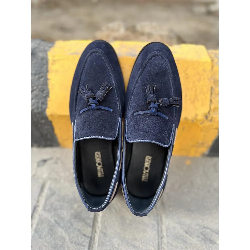 Navy Blue   Cream Suede Tassel Loafers