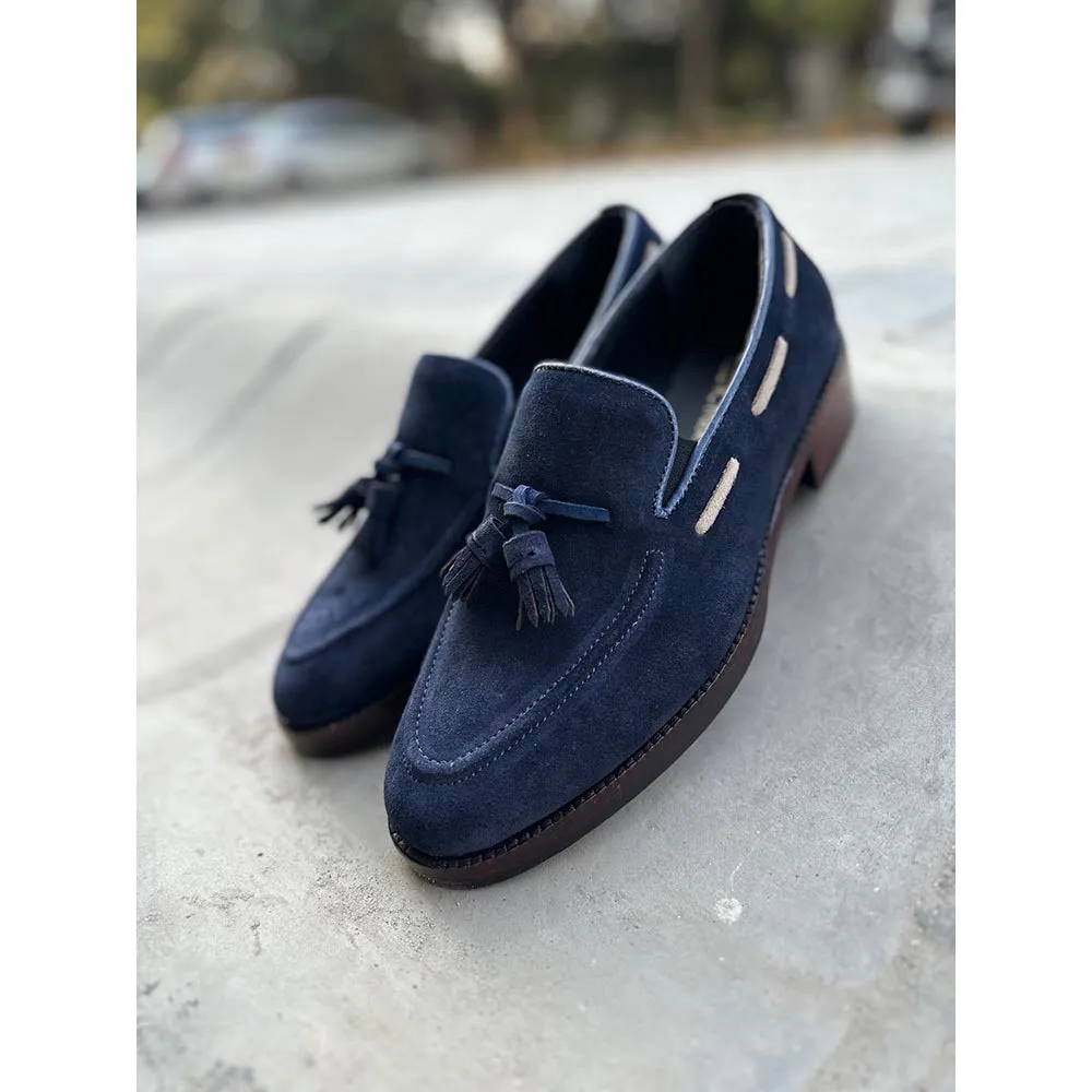 Navy Blue   Cream Suede Tassel Loafers