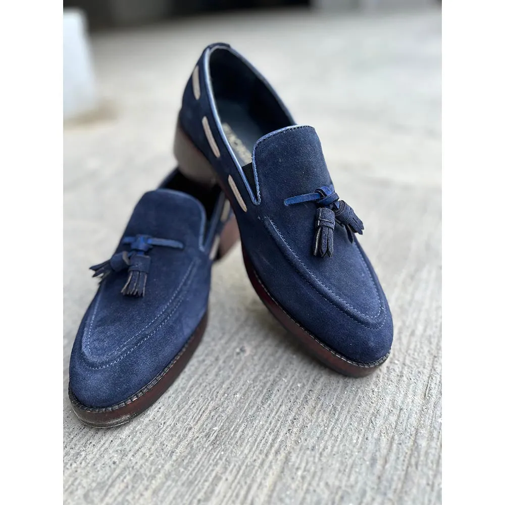Navy Blue   Cream Suede Tassel Loafers