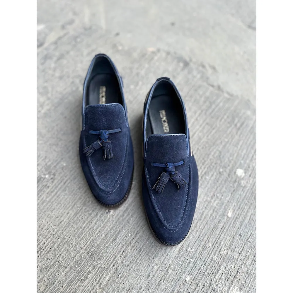 Navy Blue   Cream Suede Tassel Loafers