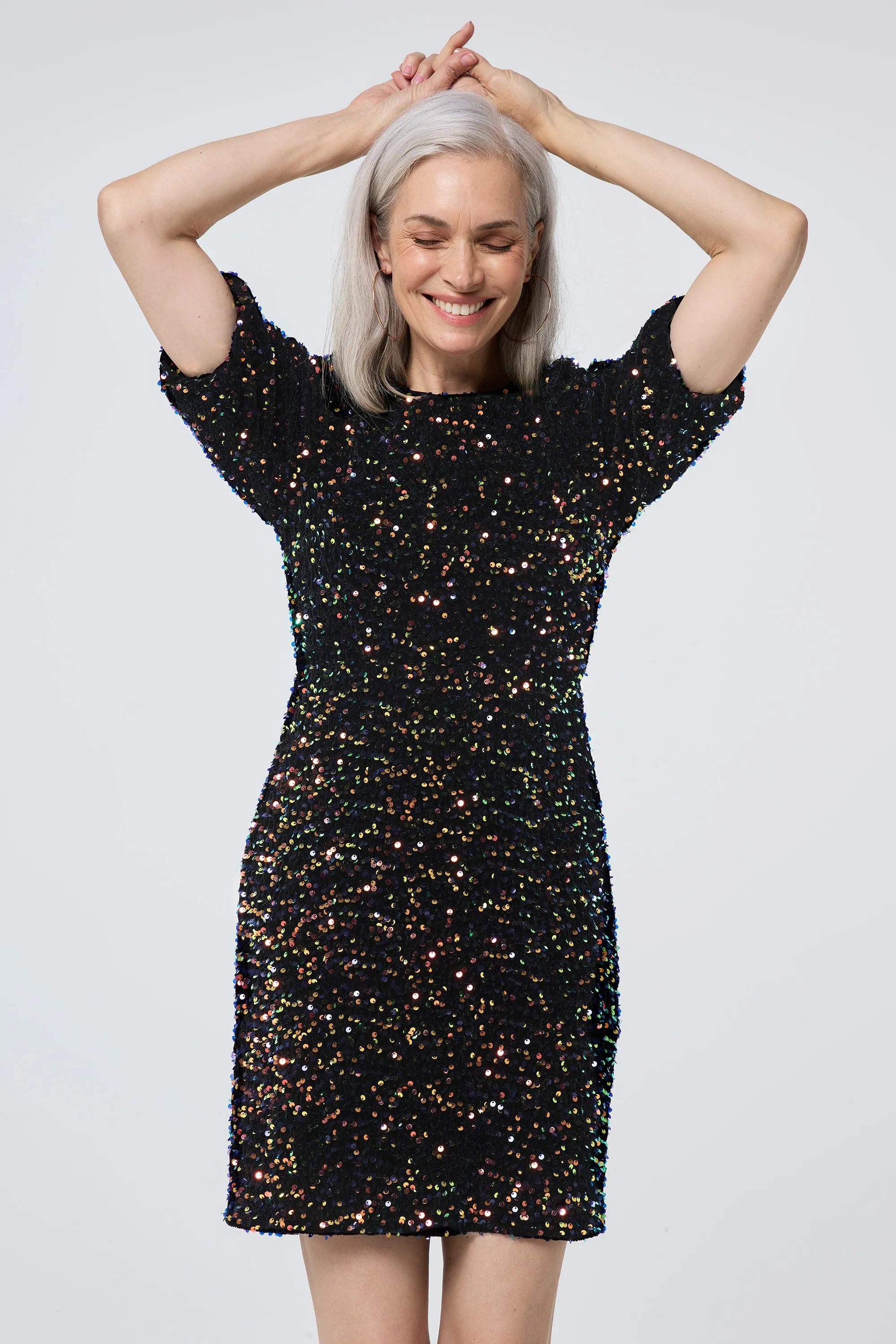 Rainbow Sequin Puff Sleeve Short Dress