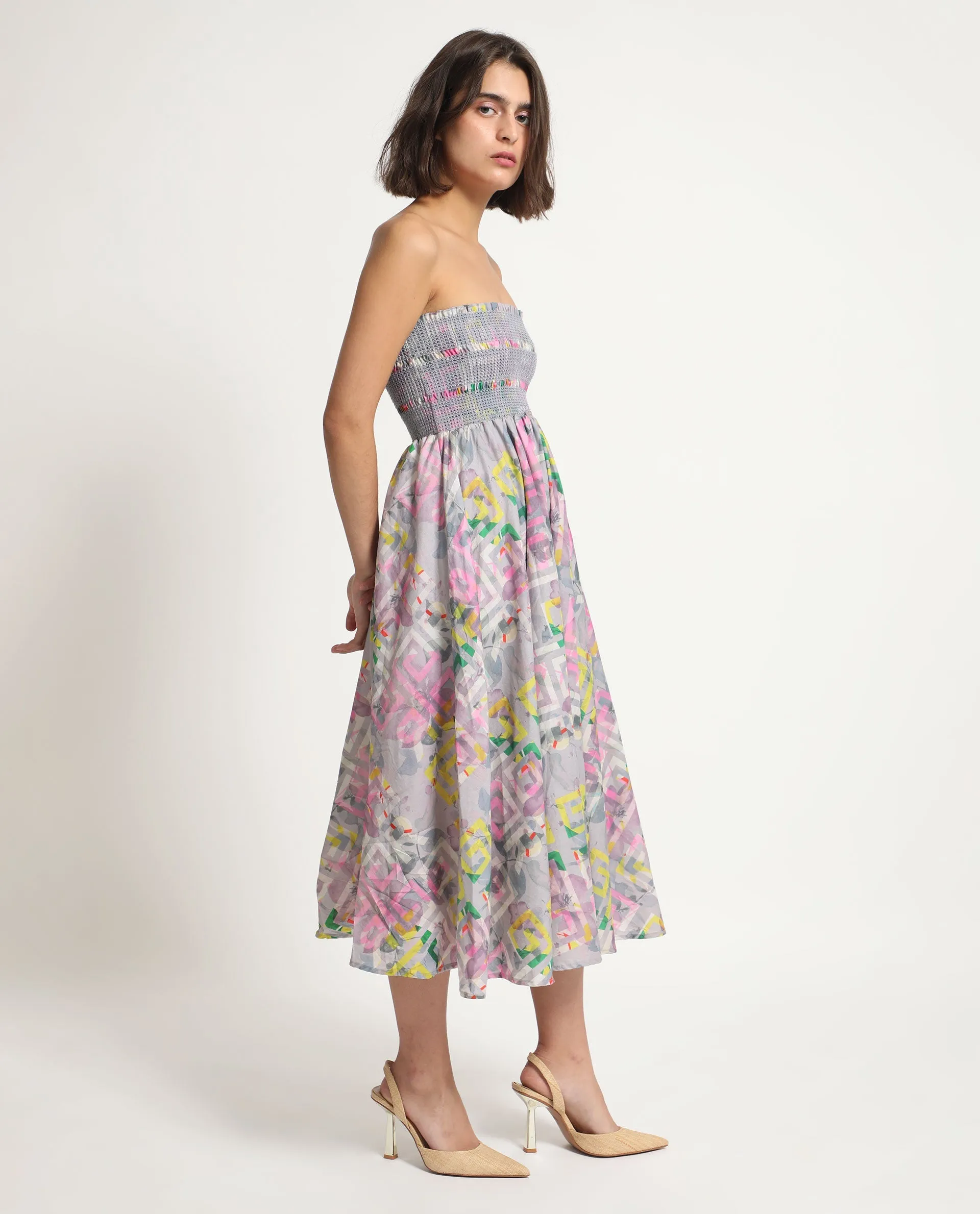 Rareism Women Mazon Multi Cotton Fabric Sleeveless Tube Neck Shoulder Straps Fit And Flare Floral Print Midi Empire Dress
