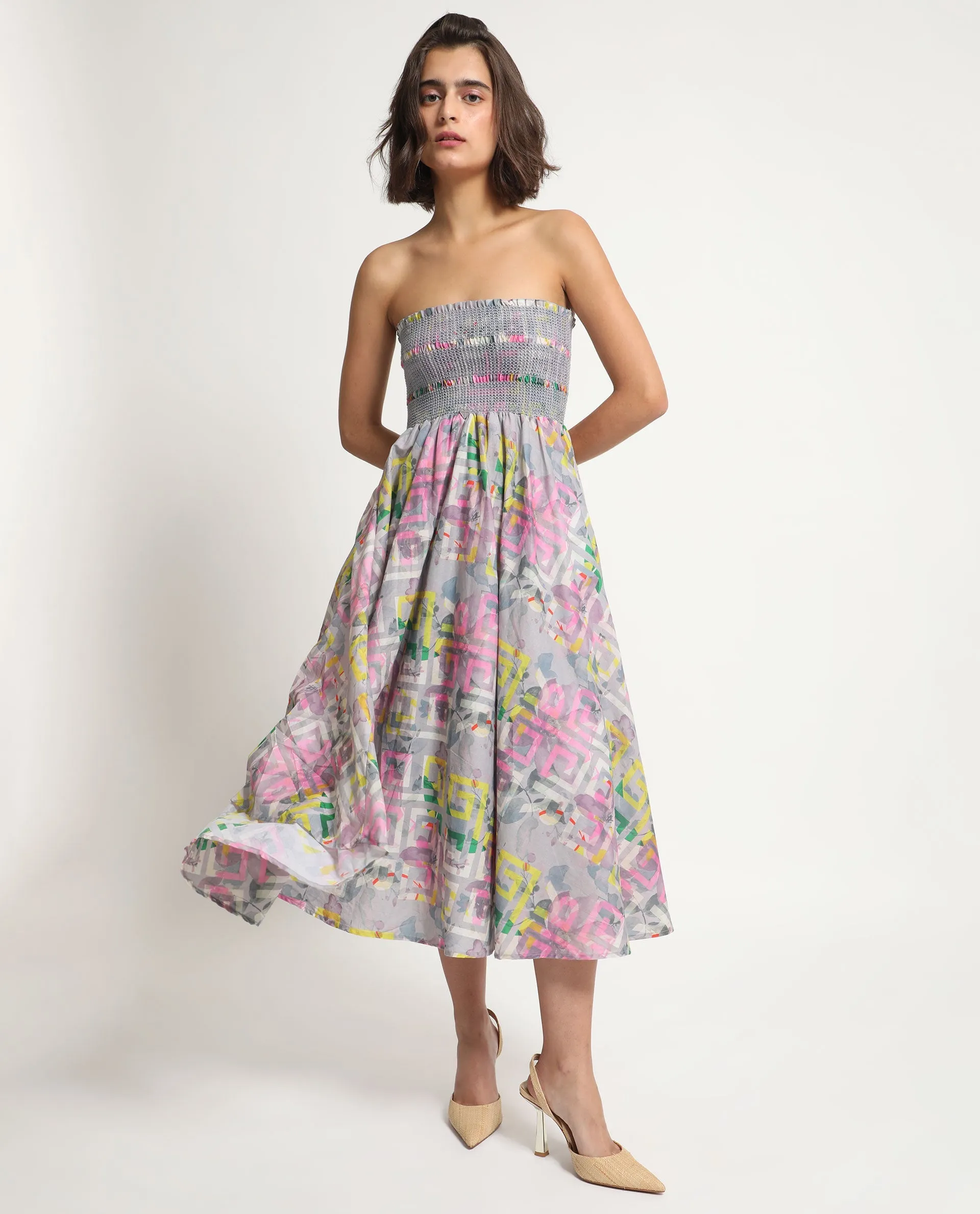 Rareism Women Mazon Multi Cotton Fabric Sleeveless Tube Neck Shoulder Straps Fit And Flare Floral Print Midi Empire Dress