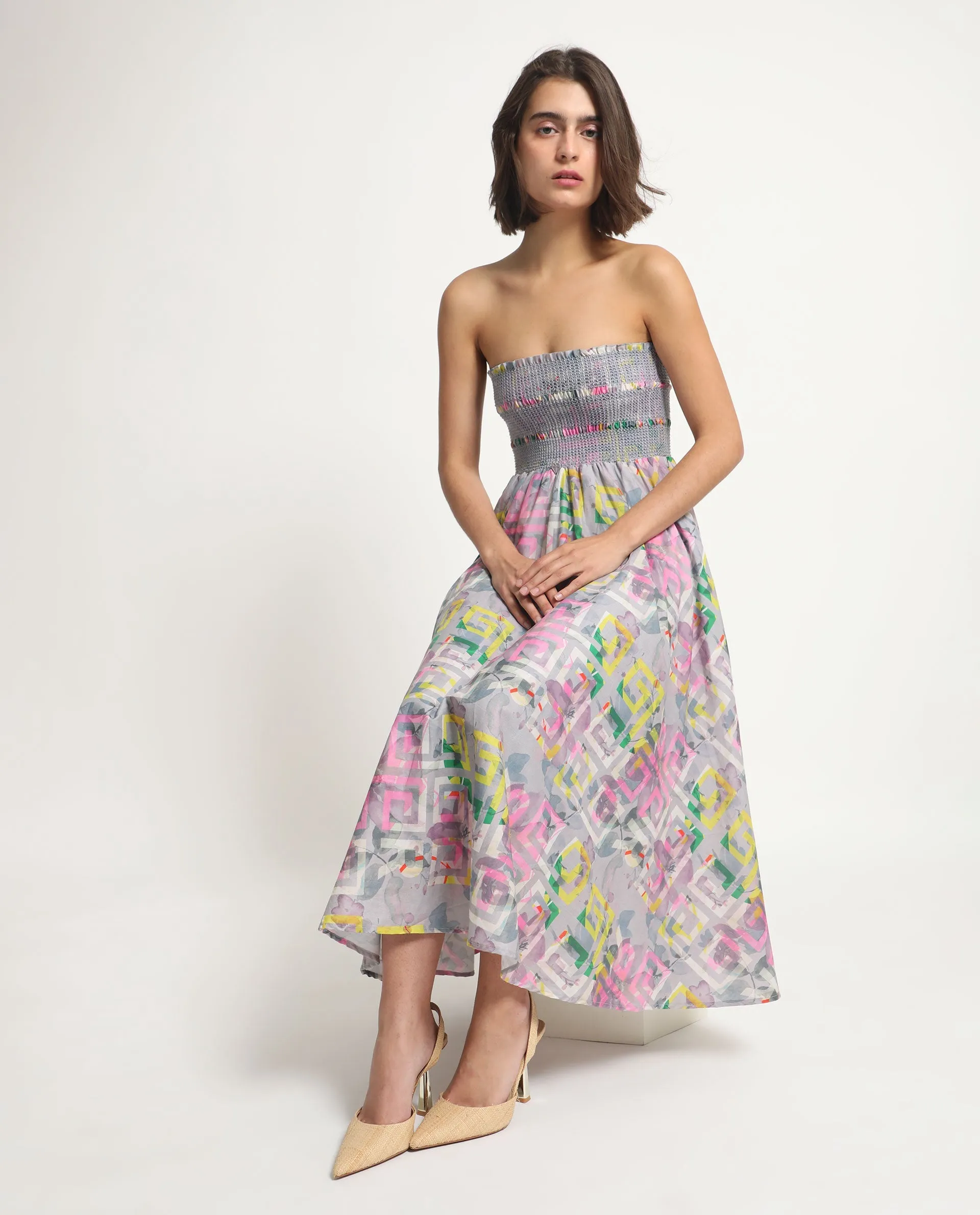 Rareism Women Mazon Multi Cotton Fabric Sleeveless Tube Neck Shoulder Straps Fit And Flare Floral Print Midi Empire Dress