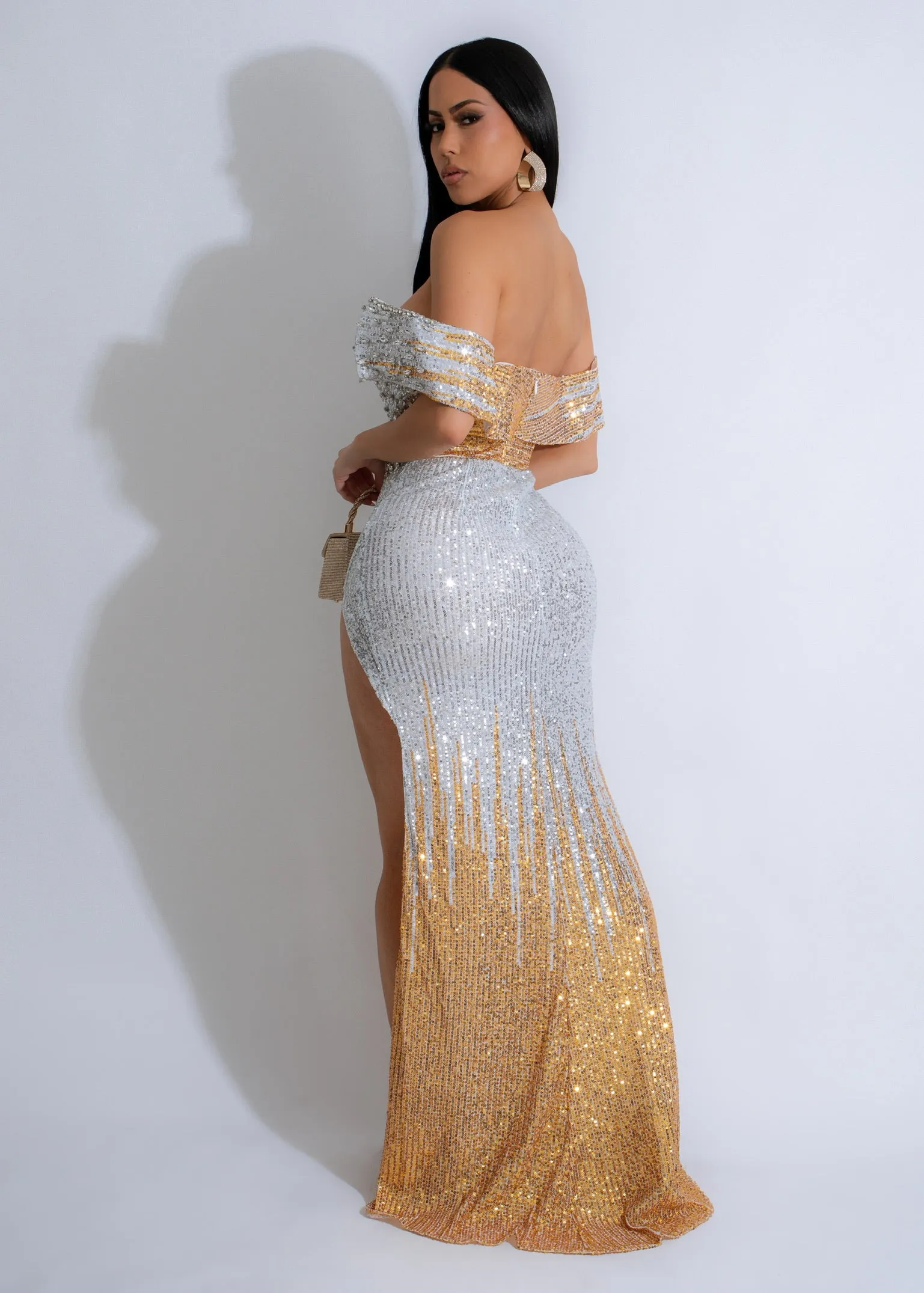 Starlight Symphony Rhinestone Maxi Dress Silver