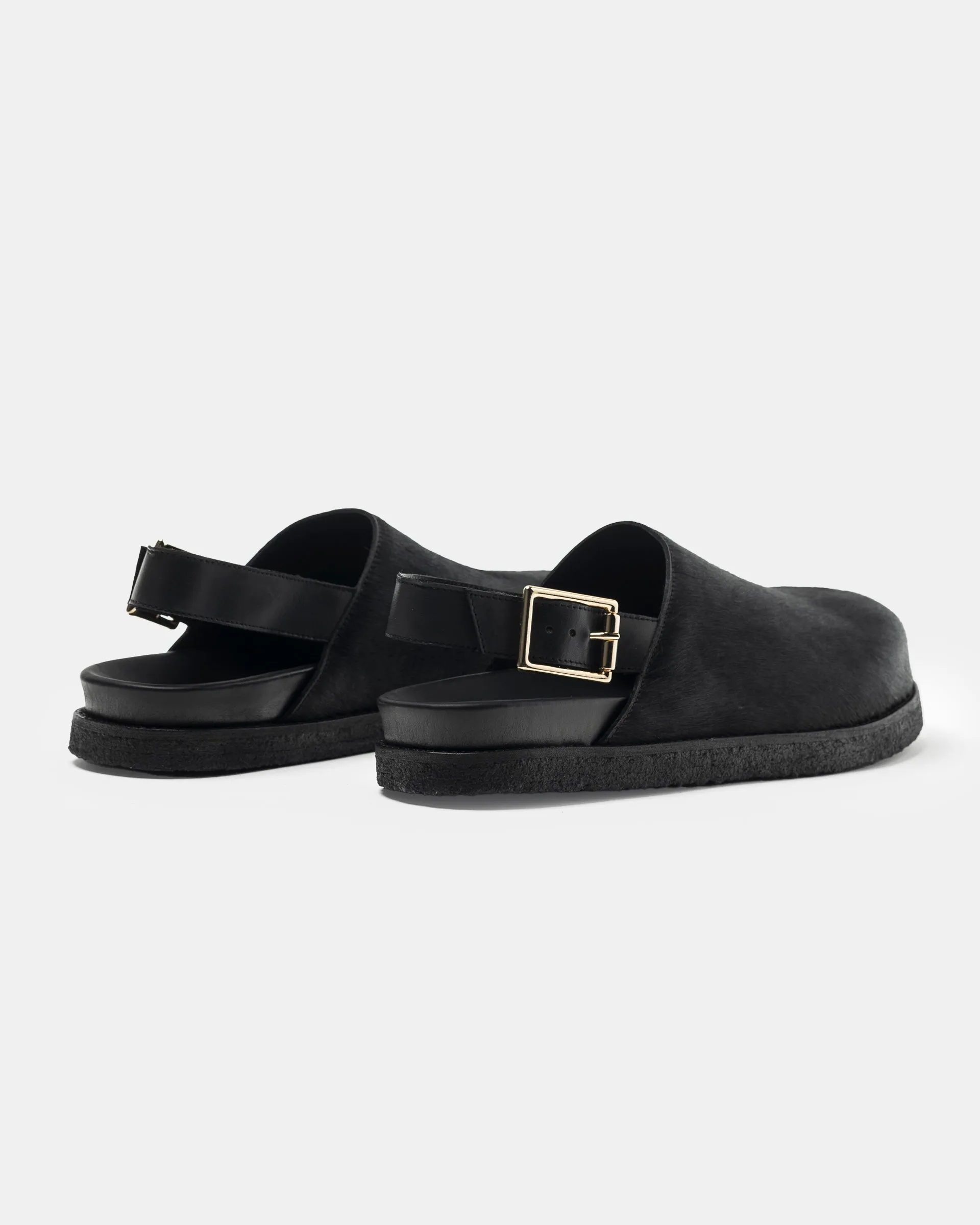 Strapped Mule in Black Ponyhair