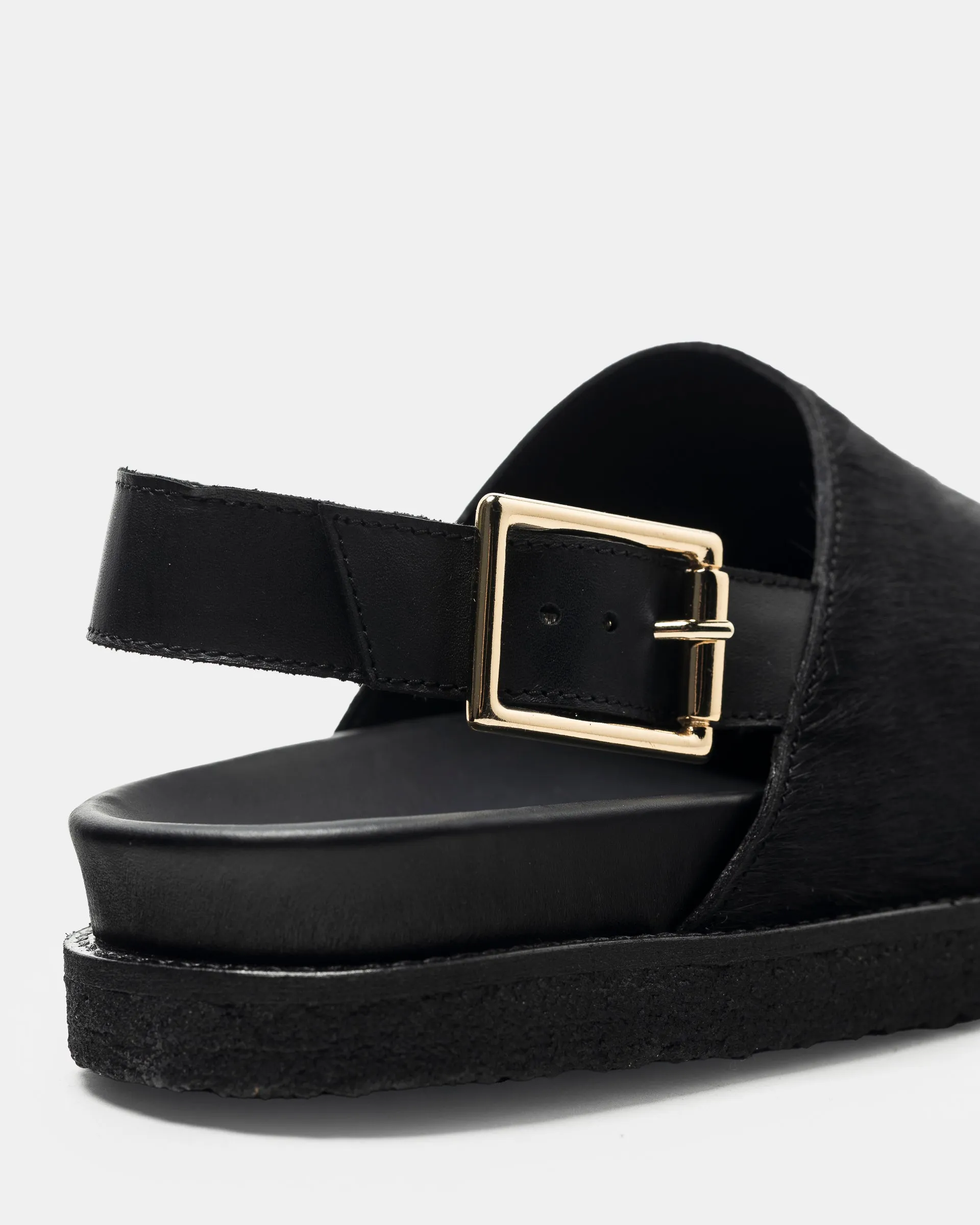 Strapped Mule in Black Ponyhair