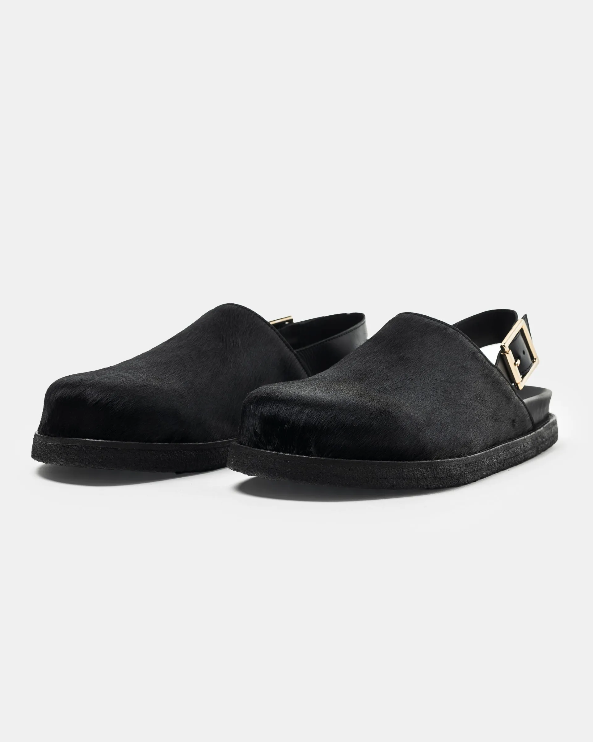 Strapped Mule in Black Ponyhair